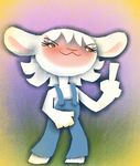  angry brown_eyes crotch_grab female hooves overalls sandypants sheep solo the_finger yellow_eyes 