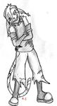  arm_warmers boots collar greyscale grin male ripped_pants sketch solo tail unknown_artist unknown_species white_background 