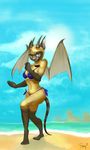  beach bikini cat catdragon collar dragoncat emiya feline female horns kace ocean pinup sand sea seaside siamese skimpy solo stripes swimsuit tail water wings 