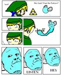  blonde_hair blue_eyes card_crusher creepy crush elf_ears fairy fist green hair legend_of_zelda link master_sword meme navi no_nose nod nose pointy_ears read_from_right_to_left serious_face surprise sword the_legend_of_zelda triforce tunic weapon wings 
