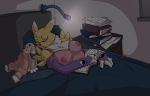  2019 3_fingers 6my areola armwear bed bedding blanket book breasts canid canine clothing digimon digimon_(species) eyes_closed eyewear fan_character female glasses hi_res lamp lingerie mammal nipples paper pillow plushie professor_rena renamon sally_hazel sleeping solo translucent 