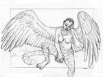  2010 ebryn feline female human hybrid music nude pencils self_portrait simple_background solo sphynx tiger white_background wings 