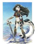  2010 armor background fantasy feline female heroic kacey midriff pose snow_leopard solo stance sword unconvincing_armour warrior weapon 