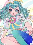  1girl :o aqua_legwear blue_eyes blue_hair blue_legwear commentary_request cure_milky don_(macaron_panda13) earrings gradient gradient_legwear hagoromo_lala heart heart-shaped_pupils highres jewelry legs looking_at_viewer magical_girl multicolored multicolored_clothes multicolored_legwear open_mouth precure short_hair single_thighhigh solo star star_earrings star_twinkle_precure symbol-shaped_pupils thighhighs 