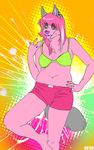  2009 breasts canine chubby dog ear_piercing gesture grey hair herm heterochromia intersex long_hair long_pink_hair looking_at_viewer mcarson mcarson_(character) navel piercing pink pink_eyes pink_hair skimpy solo standing tail tongue underwear yellow_eyes 
