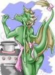  anus cook dragon eyes_closed female green horns nude pussy raised_tail rinienne scalie solo stove tail wings 