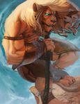  abs blue_eyes chichapie claws feline lion male muscles polearm solo staff topless tribal 