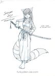  female japanese_clothing katana keiron_white monochrome red_panda sayuri sketch skimpy solo weapon 