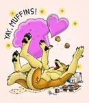  &hearts; canine caption chest_tuft eyes_closed female food happiness loupgarou muffins on_back paws solo wolf 