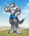  abs barazoku braford canine flex flexing grasslands male muscles pinup pose shorts solo standing tail wolf 