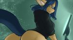  2010 background_gradient black blue blue_(character) breasts butt computer faint female glance glow green hair hoodie long monitor piercing shirt solo tail turning wallpaper widescreen 