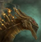  2009 aestheticmachine brass dragon fangs fire flames red_eyes scalie smoke 