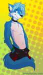  2009 black_nose blue blue_hair bracelet canine chest_tuft collar colored ear_piercing earring fox hair jeans jewelry male nipples piercing rainbow shenanigan shorts smile solo spiked_collar standing tail topless 