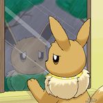  big_eyes chest_tuft cute ears eevee frown necklace patrick_d paws pixel_art pok&eacute;mon rain reflection sad solo tail trees window 