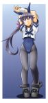  1girl :&lt; adapted_costume akebono_(kantai_collection) alto-00 animal_ears arm_up arms_behind_back bell black_legwear blouse blue_background blue_leotard blue_sailor_collar boots border breasts bunny_ears bunnysuit eyebrows_visible_through_hair fake_animal_ears flower full_body gradient gradient_background grey_footwear hair_bell hair_between_eyes hair_bobbles hair_flower hair_ornament highres jingle_bell kantai_collection leotard leotard_under_clothes long_hair looking_at_viewer neckerchief pantyhose purple_eyes purple_hair rubber_boots sailor_collar school_uniform shadow short_sleeves side_ponytail small_breasts solo white_border wrist_cuffs 