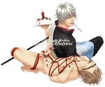  arms_behind_back bdsm birthday bondage bound cake candle clothed_male_nude_male cmnm erection food fork gag gagged gintama gintoki hattori_zenzou male male_focus nude penis rope sakata_gintoki spreader_bar tied tied_penis tied_up wax yaoi 