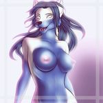  anthro blue blue_belly blue_hair blue_markings breasts canine female hair mammal markings navel nipples nude rafflone solo teeth wolf 