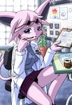  blue_eyes chair clipboard espeon female g-sun hair looking_at_viewer miniskirt necklace panties pen piercing pink pink_hair pok&eacute;mon pok&eacute;morph short_hair short_pink_hair sitting solo tail underwear 