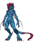  2009 azelyn blue breasts claws digitigrade ear_tufts face_markings fangs feline female hair horns looking_at_viewer nipples nude pubic_tuft puffy_nipples pussy red red_eyes red_hair short_hair short_red_hair solo spikes spiky spots standing tail whiskers 