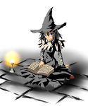  black_hair blue_eyes blush book candle demon&#039;s_souls demon's_souls female from_software gradient gradient_background hat long_hair robe ryuusuke_harada sitting solo souls_(from_software) witch_hat yuria_the_witch 