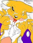  2002 black_eyes breast_fondling breast_grab breasts canine claws compression_artifacts cum cum_on_breasts cum_taste cum_touch cumshot digimon facial facial_cumshot female fondling fox gloves licking looking_at_viewer male max_blackrabbit messy on_back one_eye_closed orgasm penis renamon small straight tongue yellow 