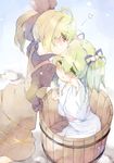  blonde_hair blush bow bucket forehead_kiss green_eyes green_hair hair_bobbles hair_bow hair_ornament highres in_bucket in_container kiss kisume kurodani_yamame multiple_girls shipu_(toppintetratorten) short_hair tears touhou twintails wooden_bucket yuri 