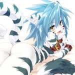  animal_ears armlet ass bad_id bad_pixiv_id blue_hair blurry blush breasts cat_ears chin_rest collar depth_of_field fang furry fuurin_rei long_hair looking_back lying mizuki_kotora on_stomach open_mouth original sideboob small_breasts solo striped tail tomoyan_(nyakkoya) wristband yellow_eyes 