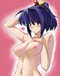  arm_up blue_hair blush breast_suppress breasts embarrassed frown hand_behind_head kasu_kazu medium_breasts navel nipples nude out-of-frame_censoring ponytail red_eyes short_hair solo touhou yasaka_kanako 