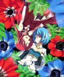  alternate_hairstyle anemone_(flower) bare_shoulders blue_hair blush cape closed_eyes detached_sleeves fang flower fujino_mega gloves hair_down hair_ornament hairclip hand_on_head highres hug leaf long_hair lying magical_girl mahou_shoujo_madoka_magica miki_sayaka multiple_girls on_back red_hair sakura_kyouko short_hair smile white_gloves 