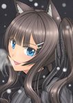  :3 animal_ears bangs blue_eyes blunt_bangs blush breath brown_hair cat_ears close-up face fang hair_ornament hair_ribbon hairclip highres kai_(link2262) long_hair looking_at_viewer open_mouth original ribbed_sweater ribbon scarf smile snowing solo sweater twintails 