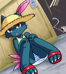  black claws female g-sun hat looking_at_viewer panties pok&eacute;mon pok&eacute;morph red_eyes sandals sitting sneasel solo striped_panties tail underwear 