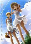  2girls absurdres ahoge arcueid_brunestud arms_behind_back artoria_pendragon_(all) bare_legs bare_shoulders basket blonde_hair calendar_(medium) carnival_phantasm cloud day dress fate/stay_night fate_(series) from_below green_eyes hand_on_headwear hat highres may morita_kazuaki multiple_girls red_eyes saber sky smile sundress tsukihime 