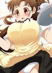  apron bad_id bad_pixiv_id blush bouncing_breasts breasts brown_eyes brown_hair coffee cup large_breasts long_hair panties poponpin skirt skirt_lift solo surprised taneshima_popura tray underwear wind wind_lift working!! 