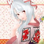  bad_id bad_pixiv_id bow flower fujiwara_no_mokou hair_bow hair_ornament hand_to_own_mouth japanese_clothes kanzashi kimono looking_back nail_polish red_eyes solo somsom touhou upper_body white_hair 