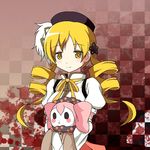  beret blonde_hair blood blood_stain blush charlotte_(madoka_magica) checkered checkered_background drill_hair hat hug kawazuishi mahou_shoujo_madoka_magica puffy_sleeves smile tomoe_mami twin_drills twintails upper_body yellow_eyes 