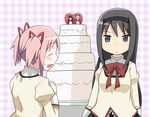  akemi_homura black_hair blush cake closed_eyes commentary food hair_ribbon hairband heart kaname_madoka long_hair mahou_shoujo_madoka_magica mitakihara_school_uniform multiple_girls open_mouth pink_hair purple_eyes ribbon school_uniform shirika short_twintails smile sweatdrop twintails wedding_cake 