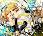  1girl arm_warmers bad_id bad_pixiv_id blonde_hair blue_eyes brother_and_sister detached_sleeves flower hair_ornament hair_ribbon hairclip headphones highres holding_hands kagamine_len kagamine_len_(append) kagamine_rin kagamine_rin_(append) mashiko open_mouth popped_collar ribbon short_hair siblings smile twins vocaloid vocaloid_append 
