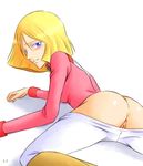  1girl all_fours anus ass blonde_hair blue_eyes blush bonnie_(artist) bonnie_(rsg) from_behind gundam looking_back lowres mobile_suit_gundam no_panties pants_pull pussy sayla_mass short_hair solo uncensored undressing uniform 