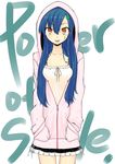  :p blouse blue_hair breasts clover english facial_tattoo four-leaf_clover hair_ornament hairclip hands_in_pockets hood hoodie kodou_tamaki long_hair medium_breasts paint power_of_smile red_eyes skirt smile solo tattoo tongue tongue_out uro zipper 