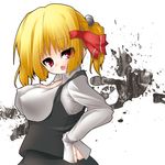  blonde_hair bow breasts fang hair_bow hair_ribbon highres large_breasts red_eyes ribbon rumia short_hair solo touhou uhyo_(uhyoahya) upper_body 