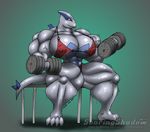  big_breasts breasts dumbbells female growing huge_breasts hyper hyper_breasts legendary_pok&#233;mon lugia muscle_growth muscles muscular_female nintendo pok&#233;mon pok&#233;morph pok&eacute;mon pok&eacute;morph sitting soaringshadow solo video_games weights workout 