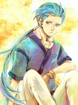 blue_eyes blue_hair chester_barklight gloves long_hair male_focus ponytail sitting solo tales_of_(series) tales_of_phantasia yellow_background yoi_(yutd) 