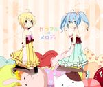  ahoge aqua_eyes bad_id bad_pixiv_id blue_eyes blue_hair cheerful_candy_(module) colorful_drop_(module) colorful_x_melody_(vocaloid) detached_sleeves dress hatsune_miku kagamine_rin kneeling multiple_girls nattumi project_diva_(series) project_diva_2nd short_hair smile strapless strapless_dress thighhighs twintails vocaloid 