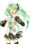  :d ahoge bad_id bad_pixiv_id belt closed_eyes detached_sleeves green_hair hatsune_miku headset highres kotoma long_hair necktie open_mouth simple_background skirt smile solo thighhighs twintails very_long_hair vocaloid 