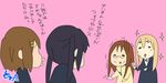  71 black_hair blonde_hair brown_hair cup glasses hair_ornament hairclip hirasawa_yui k-on! kotobuki_tsumugi long_hair multiple_girls nakano_azusa pink_background teacup translated twintails yamanaka_sawako 