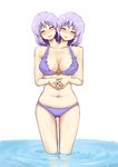  bikini blush breasts cleavage conjoined eyes_closed go-m large_breasts letty_whiterock multi_head navel no_hat purple_hair short_hair smile solo sweatdrop swimsuit touhou twins wading water 