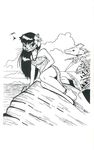  black_and_white cat clouds dark_hair dinosaur feline female flower monochrome phil_bolton scalie seaside sitting skimpy 