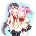  :d akemi_homura black_hair black_legwear blush closed_eyes hairband hato_haru highres hug kaname_madoka long_hair mahou_shoujo_madoka_magica mitakihara_school_uniform multiple_girls open_mouth pantyhose pink_hair pulque school_uniform sexually_suggestive short_hair smile suggestive_fluid thighhighs twintails white_legwear zettai_ryouiki 