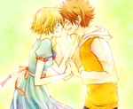  1girl blonde_hair blush brown_hair closed_eyes couple dress face-to-face forehead-to-forehead hand_on_another's_face happy hetero holding_hands hood hoodie interlocked_fingers katekyo_hitman_reborn! open_mouth profile ribbon sani_(nmk_sunny) sasagawa_kyouko sawada_tsunayoshi short_hair smile 