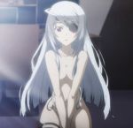  breasts cap cleavage eyepatch female grey_hair highres indoors infinite_stratos laura_bodewig long_hair naked nude red_eye red_eyes screencap silver_hair solo stitch stitched 